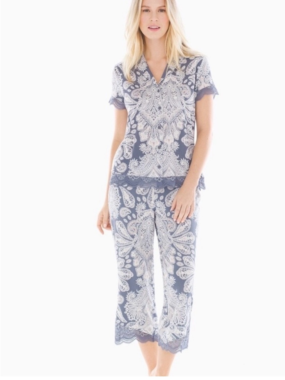Soma COOL NIGHTS Lace Trim Short Sleeve Notch Collar Pajama Set Paisley Blue XXL - Picture 2 of 10